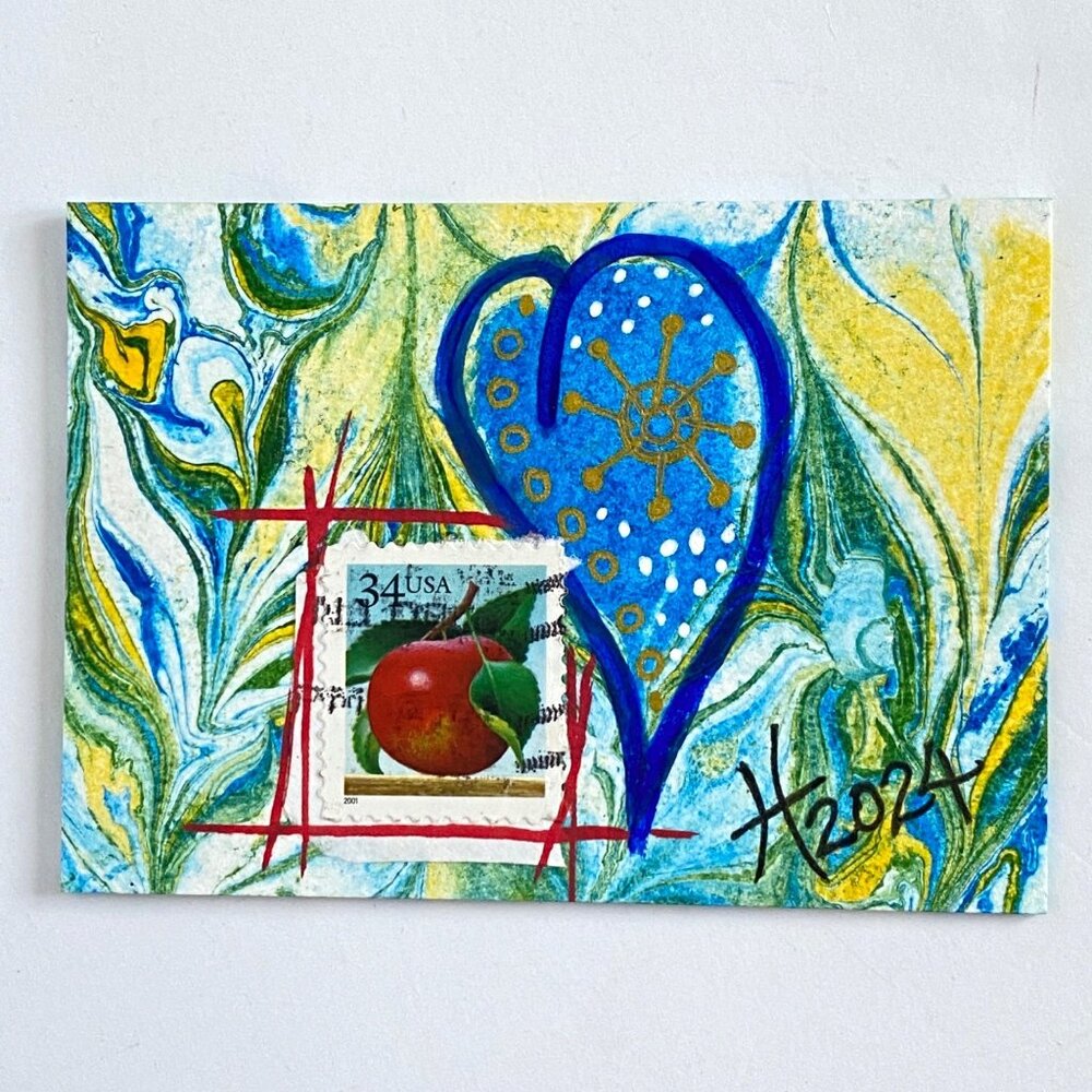 ACEO Original Mixed Media Art 2001 US Apple Postage Stamp Trade Card ATC